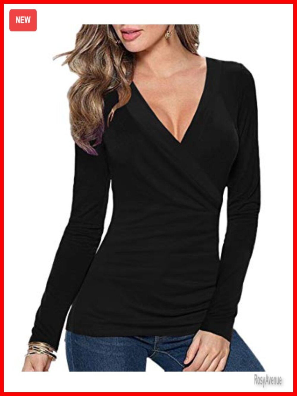 Slim Fitted Cross Wrap Deep V Neck Long Sleeve Top